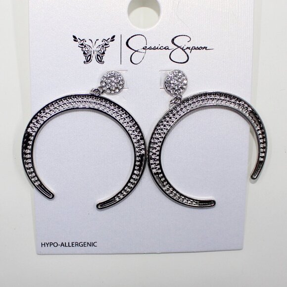 Jessica Simpson Push Back Silver Tone Clear Stone Dangle Pierced Earrings - Picture 2 of 12